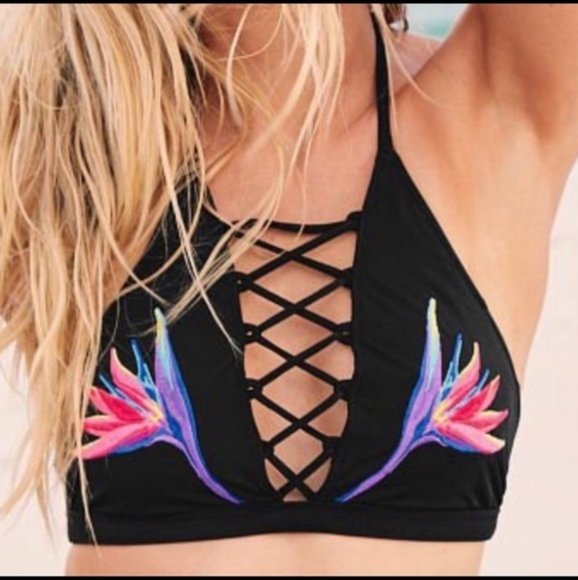 VSPink black lace-up lightly lined embroidered lace up bikini top Xs and NWT new - Picture 1 of 14